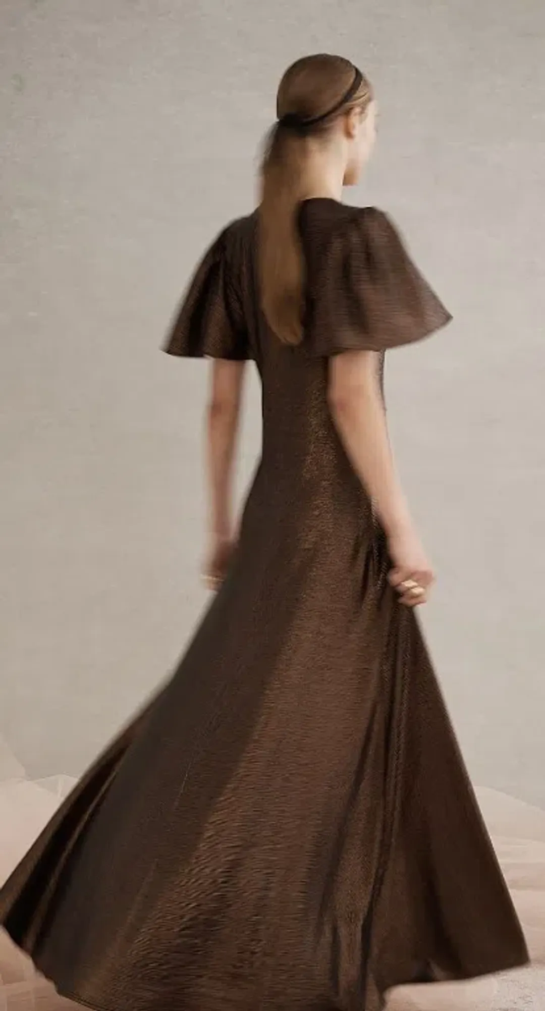 Luxe De Valentina V-neck Fluted Como Maxi Dress Mocha size 12 for rent on The Volte - main image