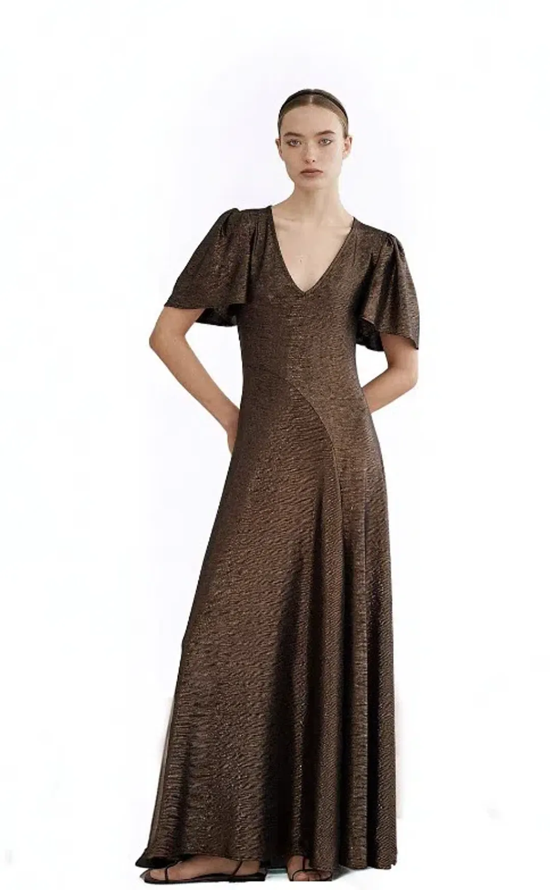 Luxe De Valentina V-neck Fluted Como Maxi Dress Mocha size 12 for rent on The Volte - main image