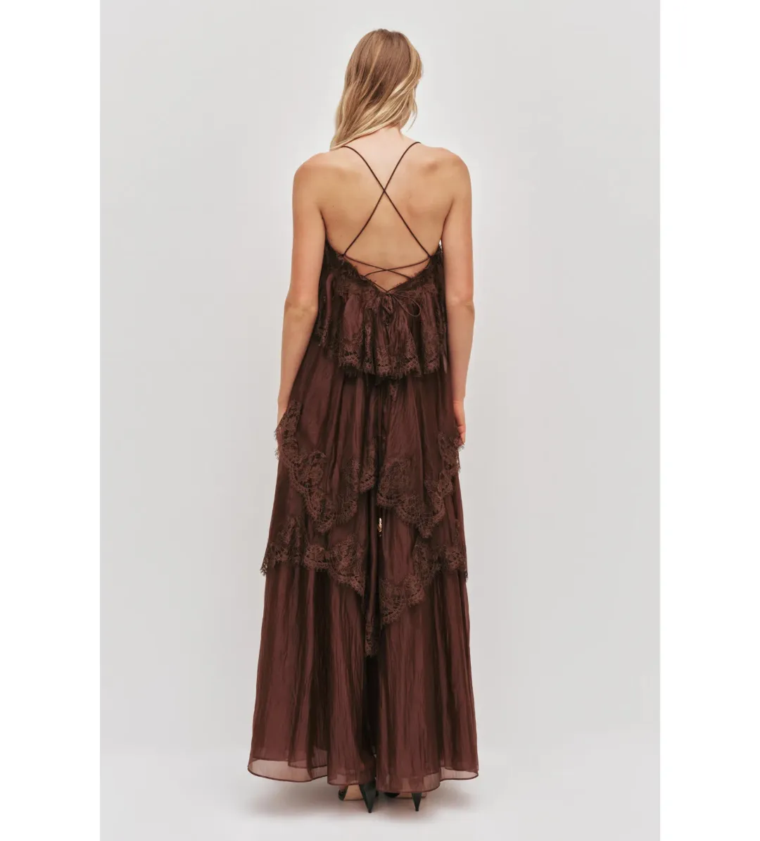 Aje Ophelia Lace Gown in Chocolate Size AU6 for rent on The Volte - main image