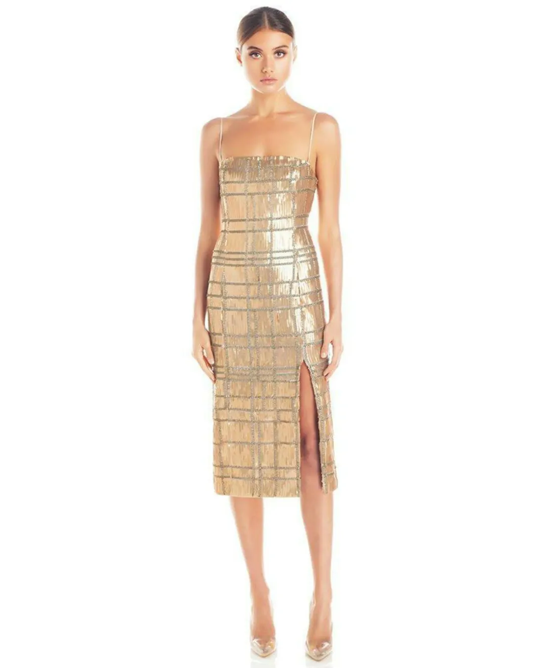Misha Yvette Dress Gold Sequin Size 10 for rent on The Volte - main image