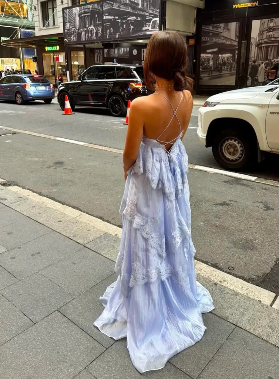 Aje Ophelia Lace Gown size 12 Blue for rent on The Volte - main image