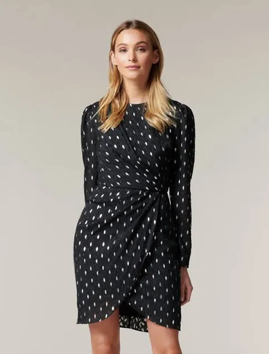 Forever New Georgia Long Sleeve Wrap Dress black and silver/ metallic for rent on The Volte - main image