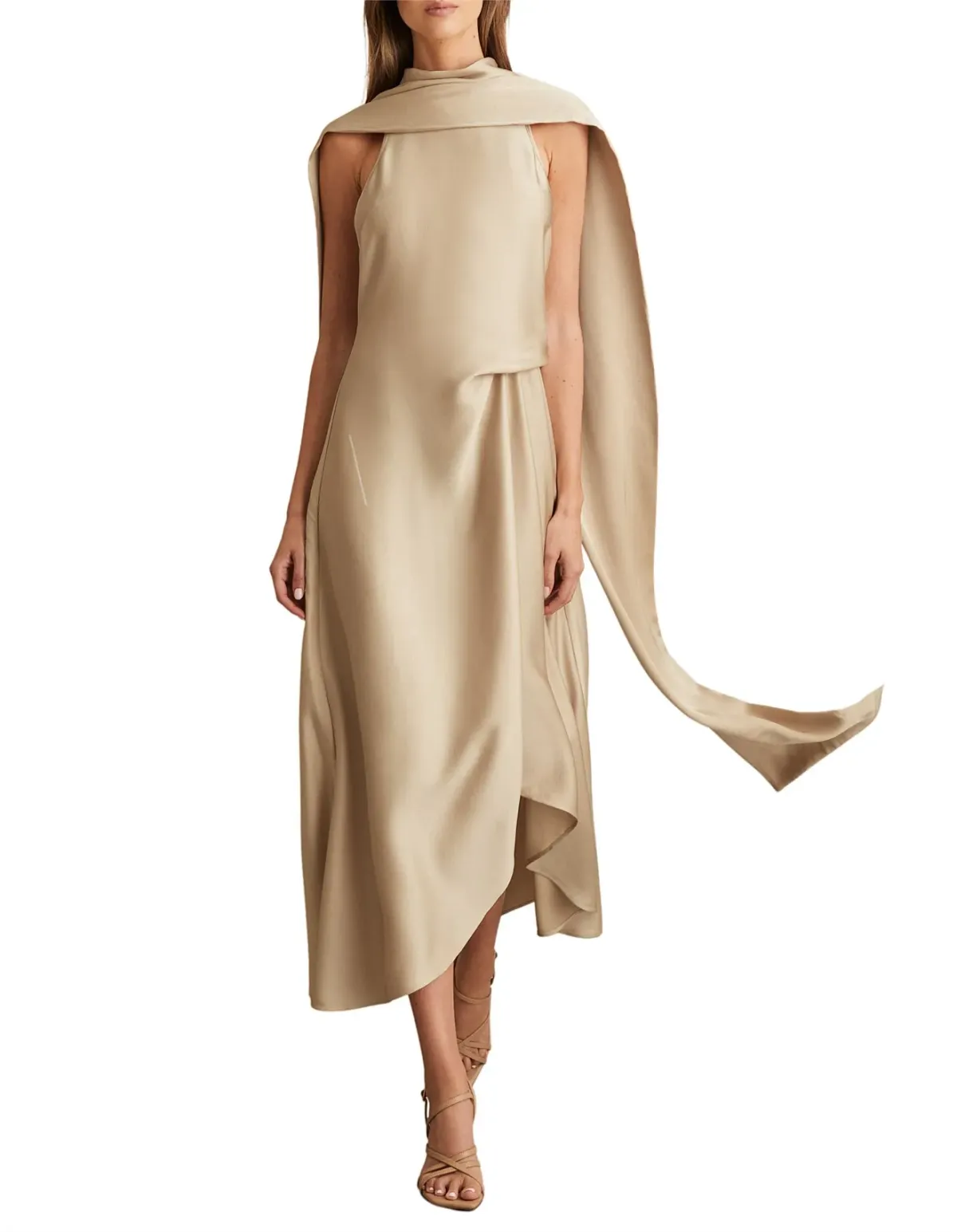 Reiss Michelle Drape Occasion Midi Dress Nude Size 14 - Image 1