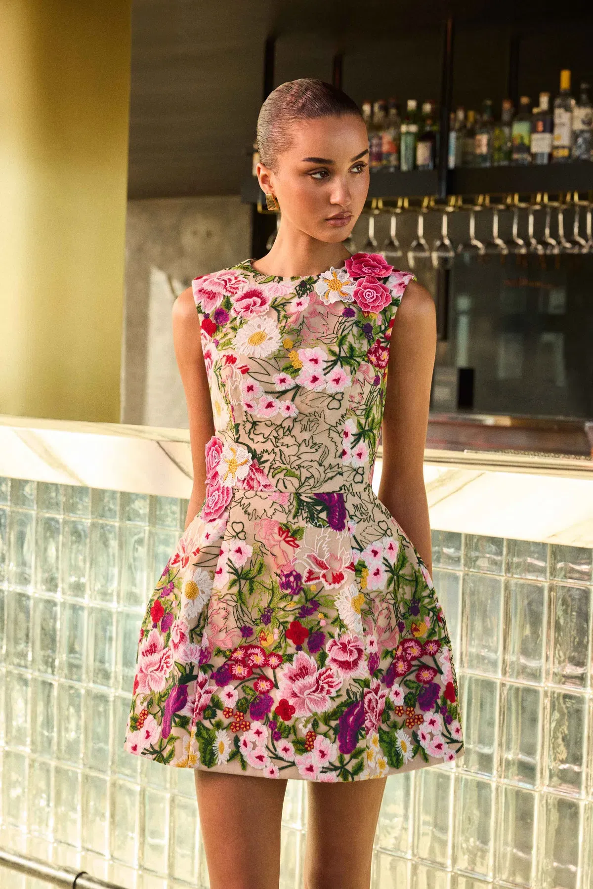 Flora Tulip Mini Dress in Pink & Green Floral - Image 5