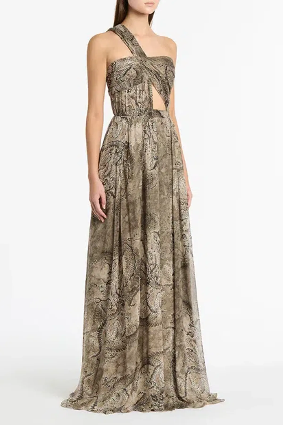 Carla Zampatti Lindy Lee Moss Fierce Dragon Silk Button Gown Size AU12 for rent on The Volte - main image