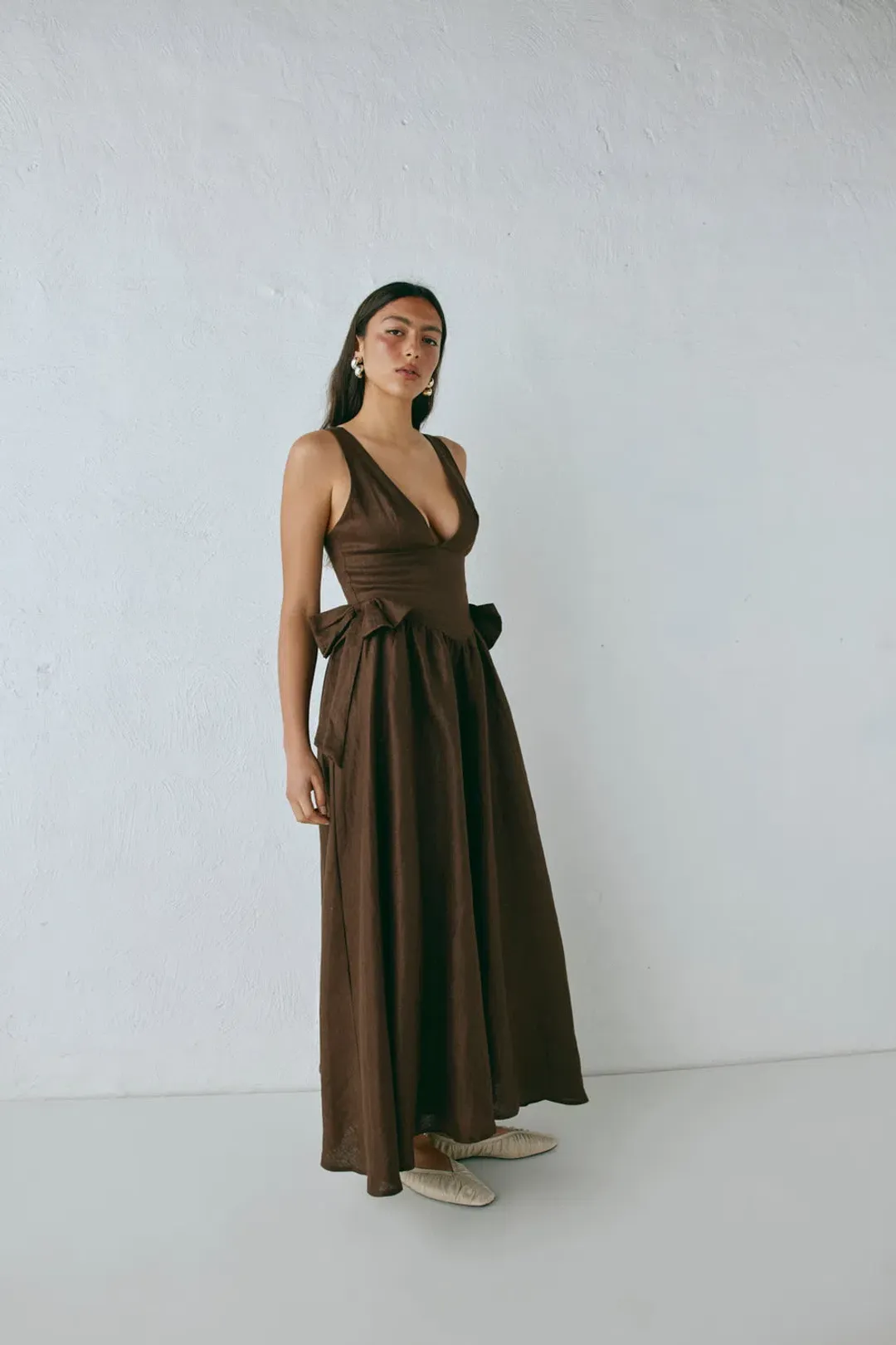 Daphne Linen Midi Dress Chocolate for rent on The Volte - main image