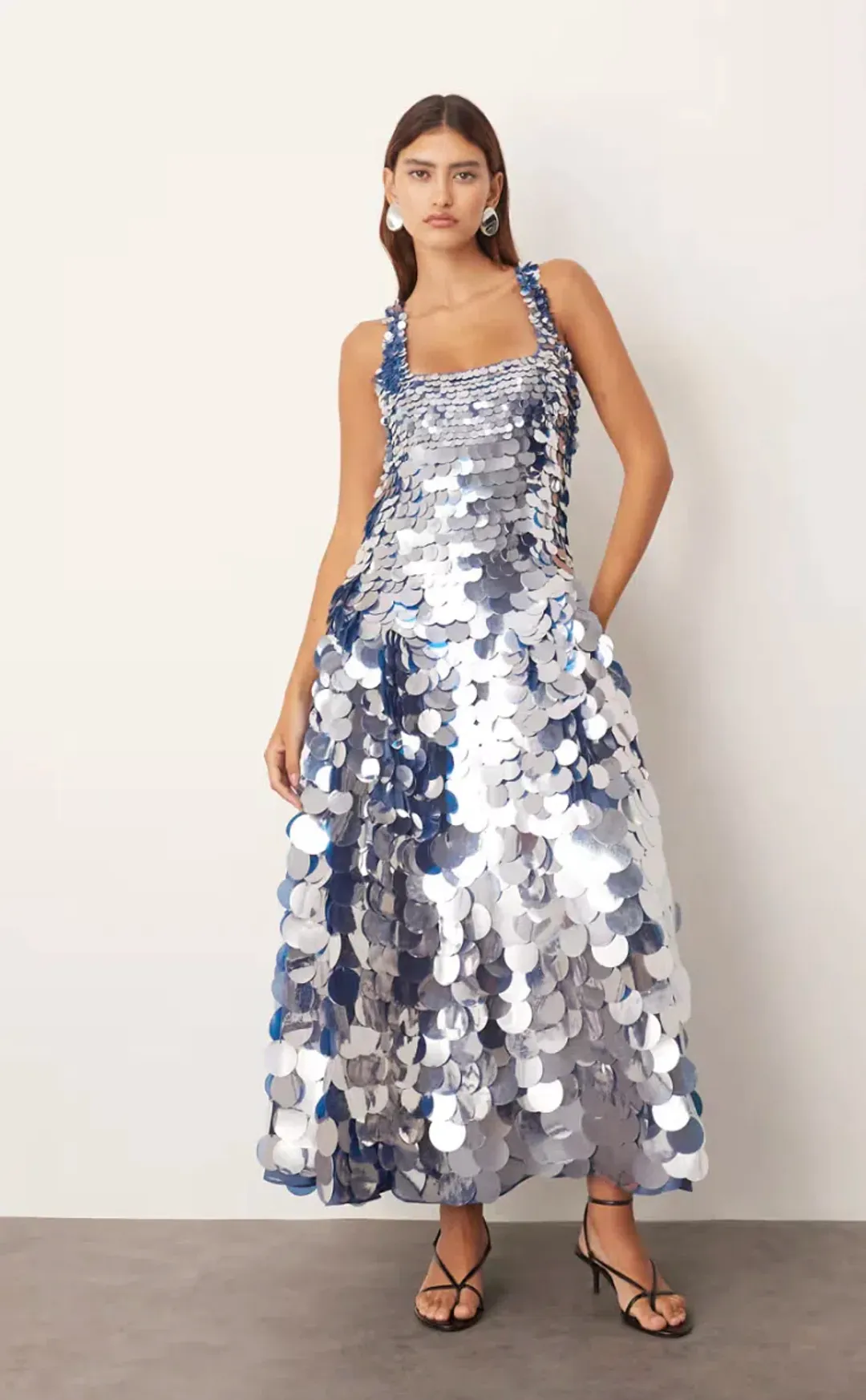 Embellished Disc Sequin Square Neck Full Skirt Midi Dress in Blue for rent on The Volte - main image