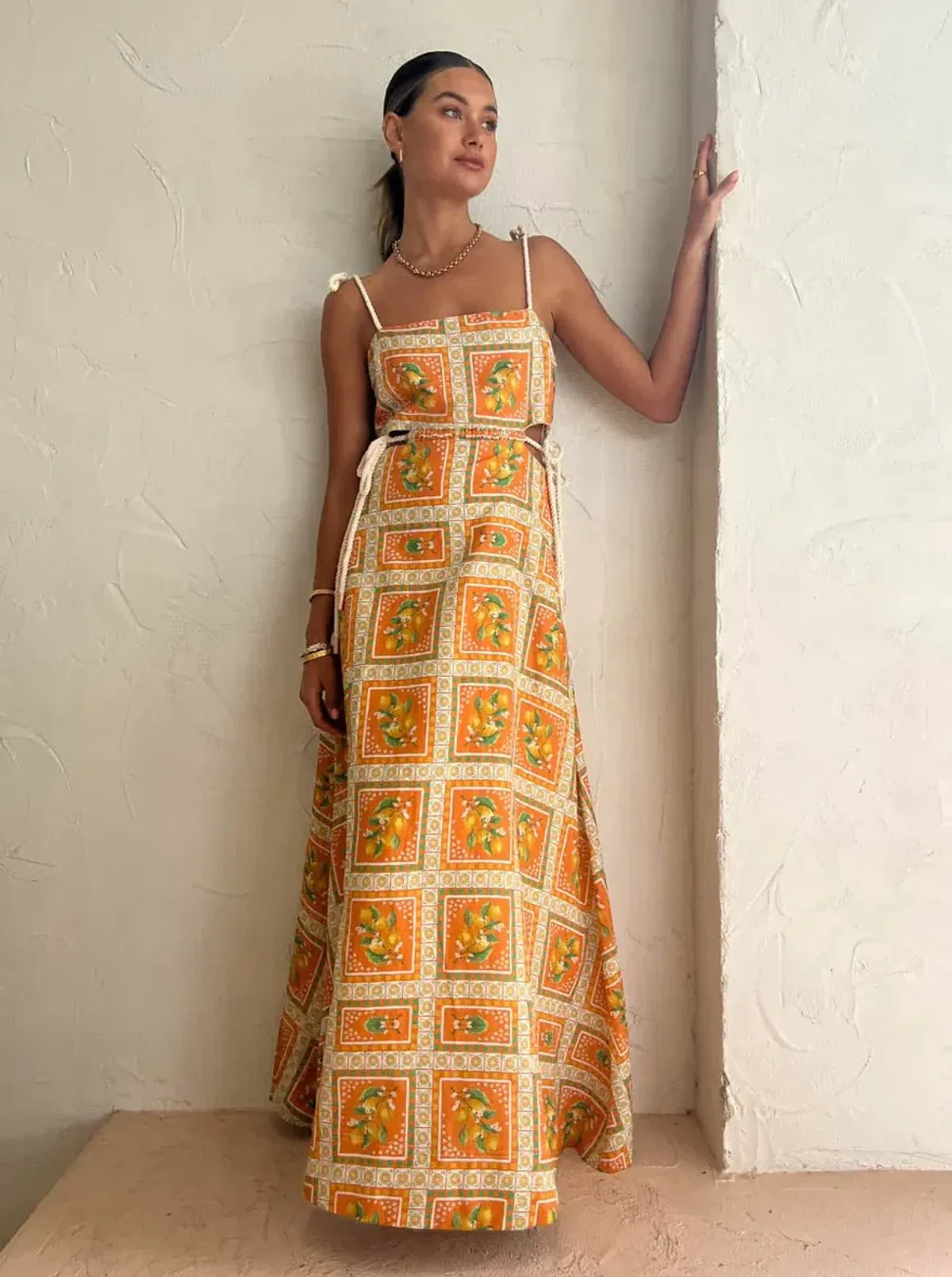 By Nicola Lemonade Tie Maxi Dress Orange Mosaic Size 10 for rent on The Volte - main image