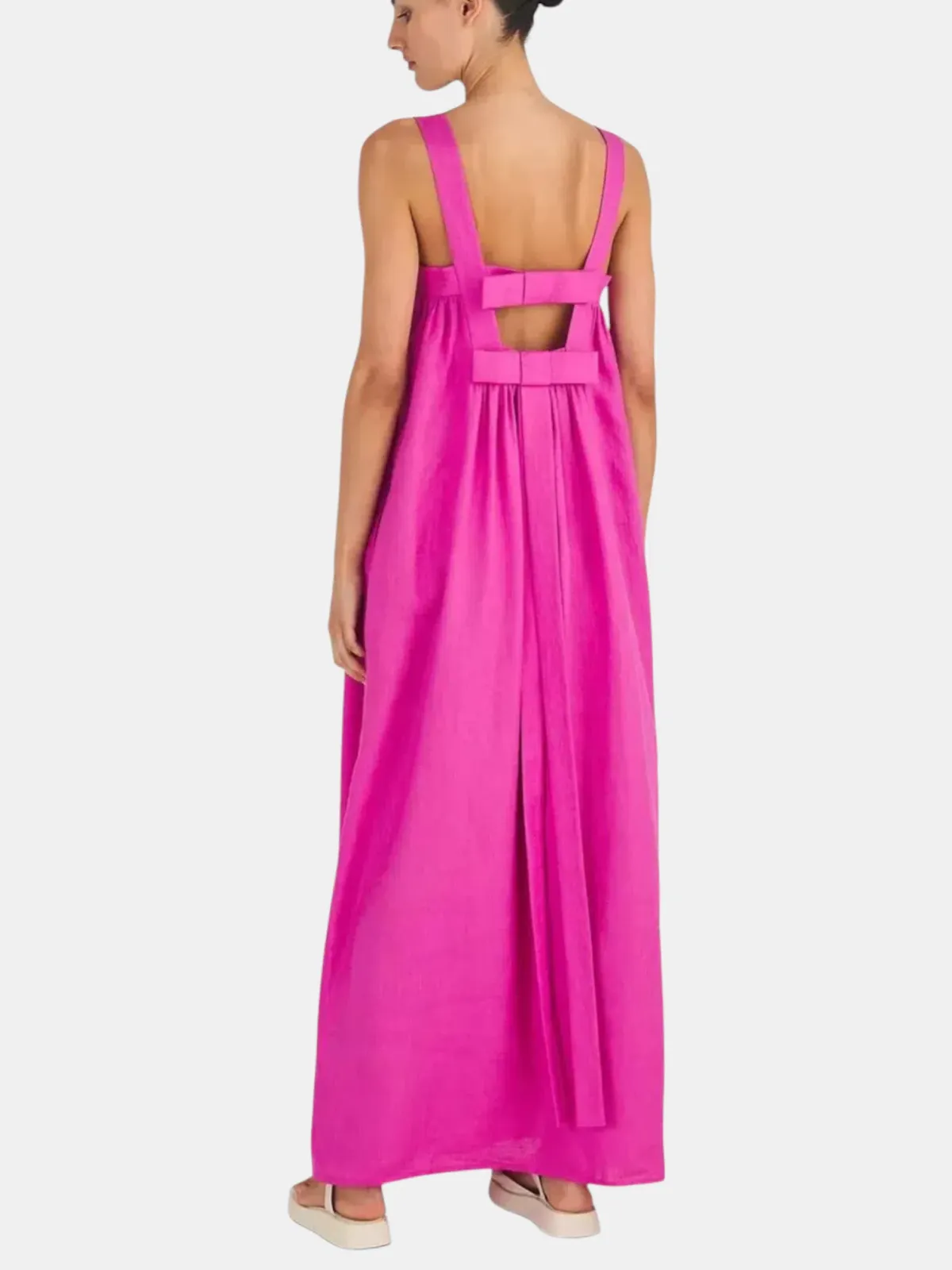 Oroton Bow Detail Fuchsia Pink Sundress Size 14 Linen Strappy Maxi Gown - Image 4