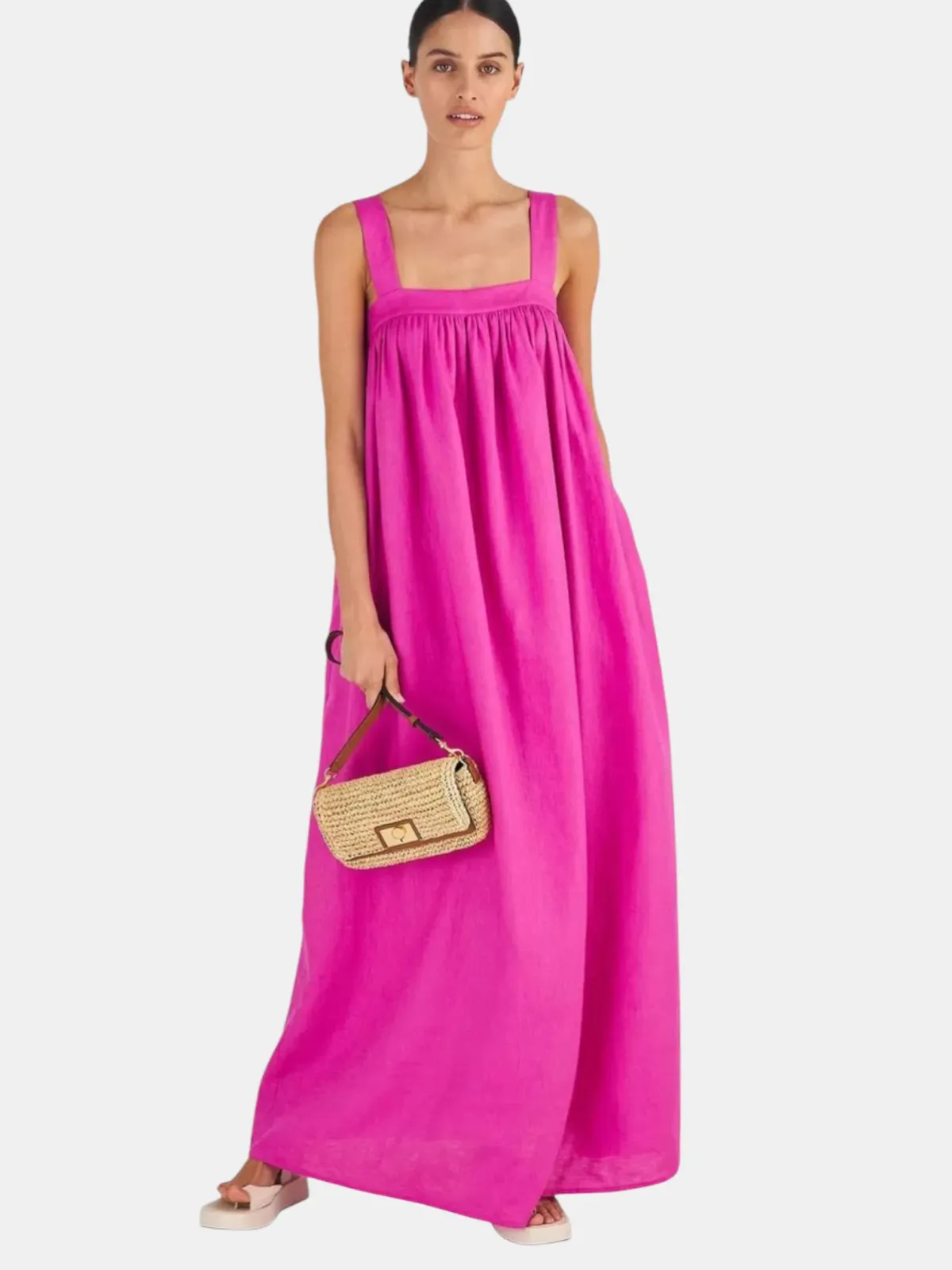 Oroton Bow Detail Fuchsia Pink Sundress Size 14 Linen Strappy Maxi Gown - Image 3