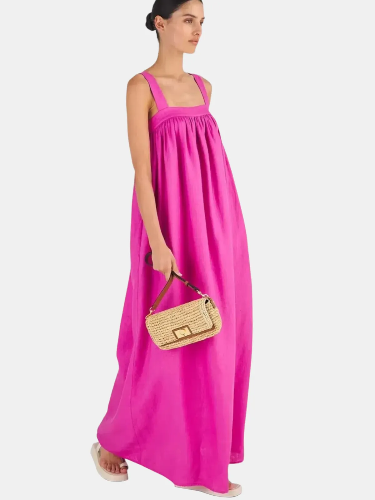 Oroton Bow Detail Fuchsia Pink Sundress Size 14 Linen Strappy Maxi Gown - Image 1