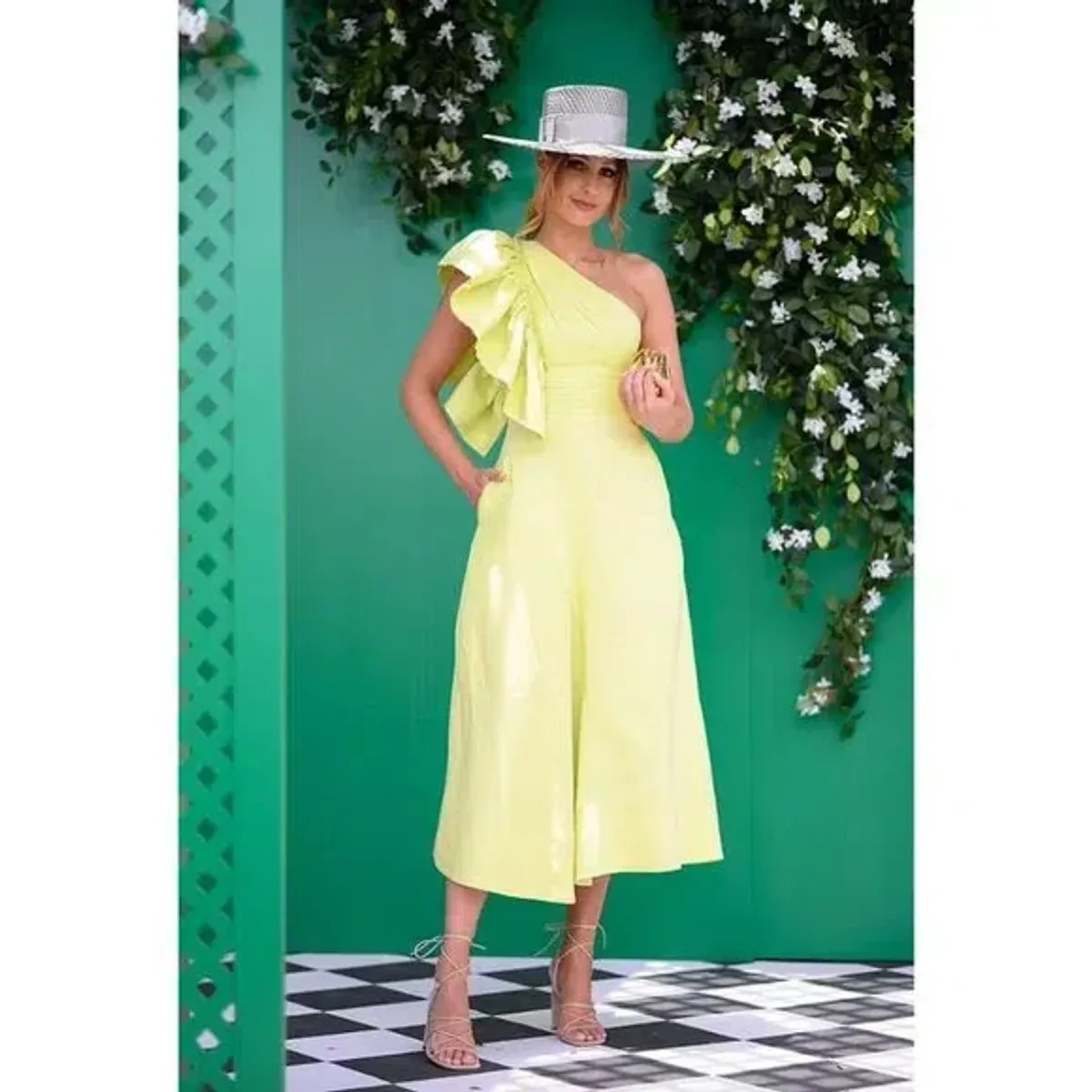 Aje Bonjour Asymmetric Midi Dress Lime Green - Image 1