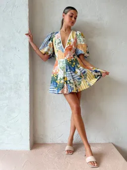 BY NICOLA - Wavy Mini Dress In Lemon Patchwork for rent on The Volte - image 2