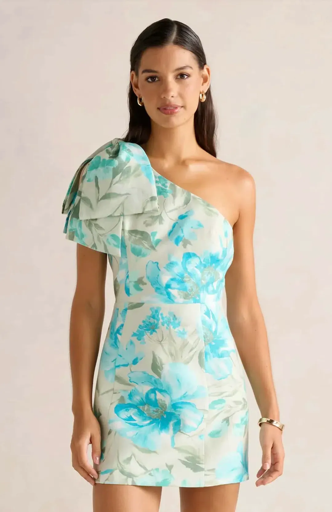 Forever New Darcy One Shoulder Bow Mini Dress Mint Lyell Floral Size AU 10 / M for rent on The Volte - main image