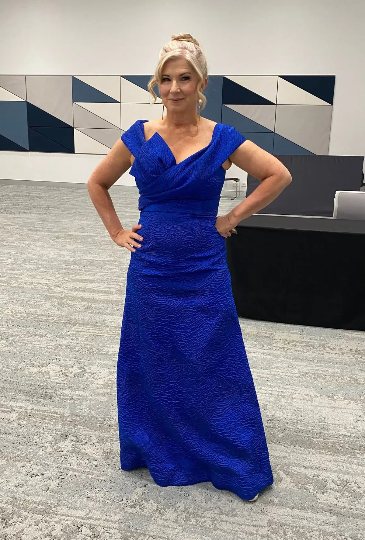 Terri Jon off-the-shoulder jacquard cobalt blue gown - Image 2