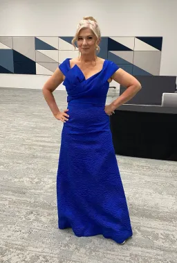 Terri Jon off-the-shoulder jacquard cobalt blue gown for rent on The Volte - image 2