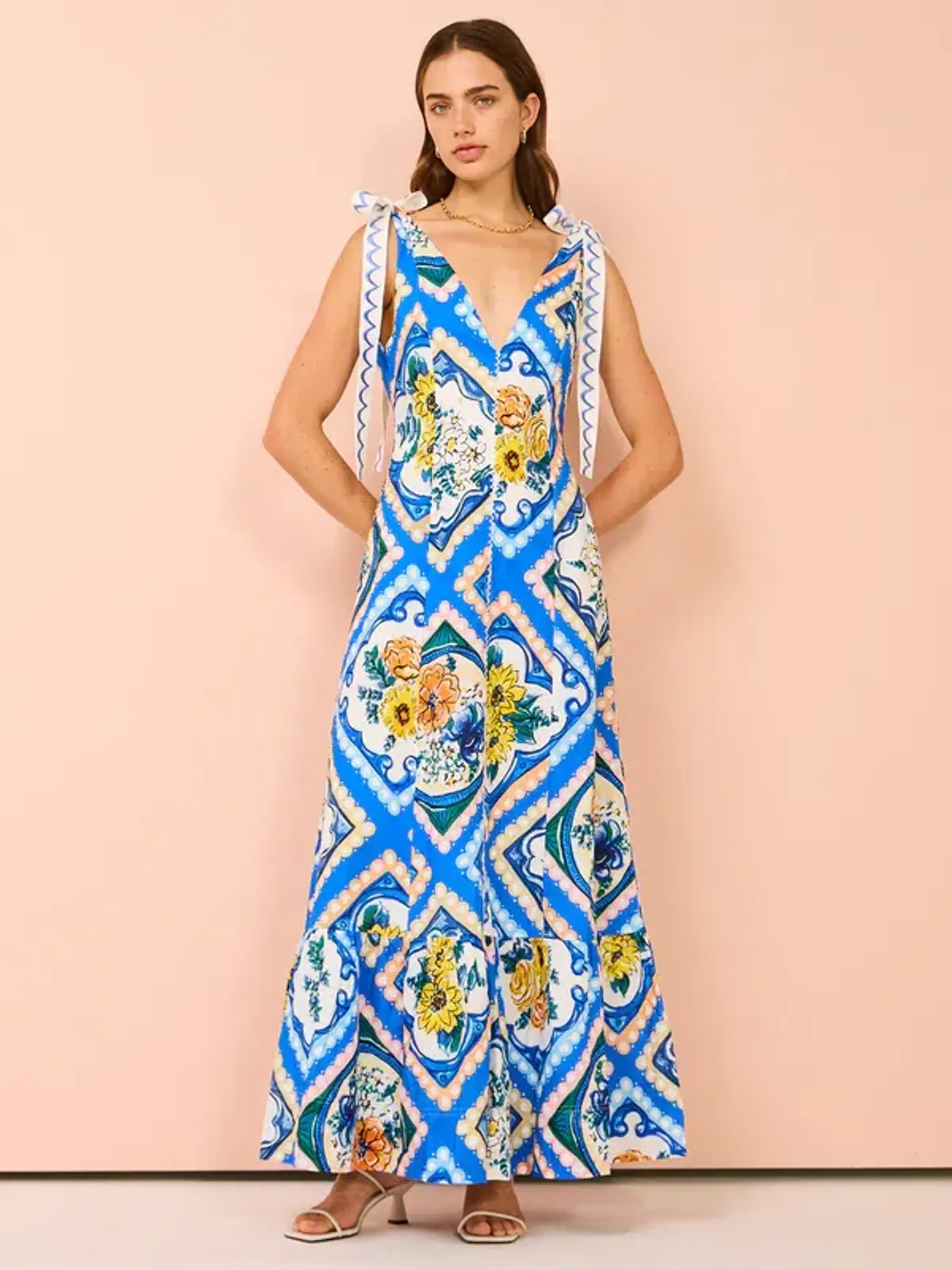 By Nicola - Adoncia Tie Shoulder Maxi Dress in Azure Floral Size 14 - Image 1