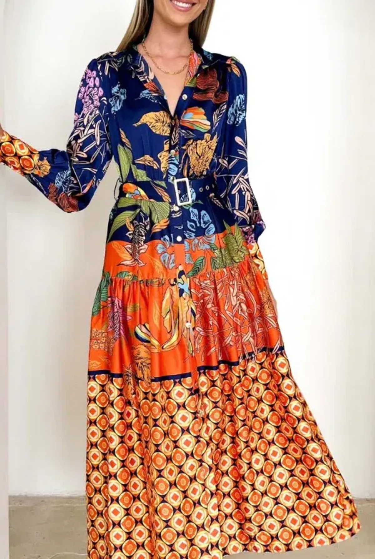 Gingham & Heels satin midi dress navy & orange sz 14 for rent on The Volte - main image