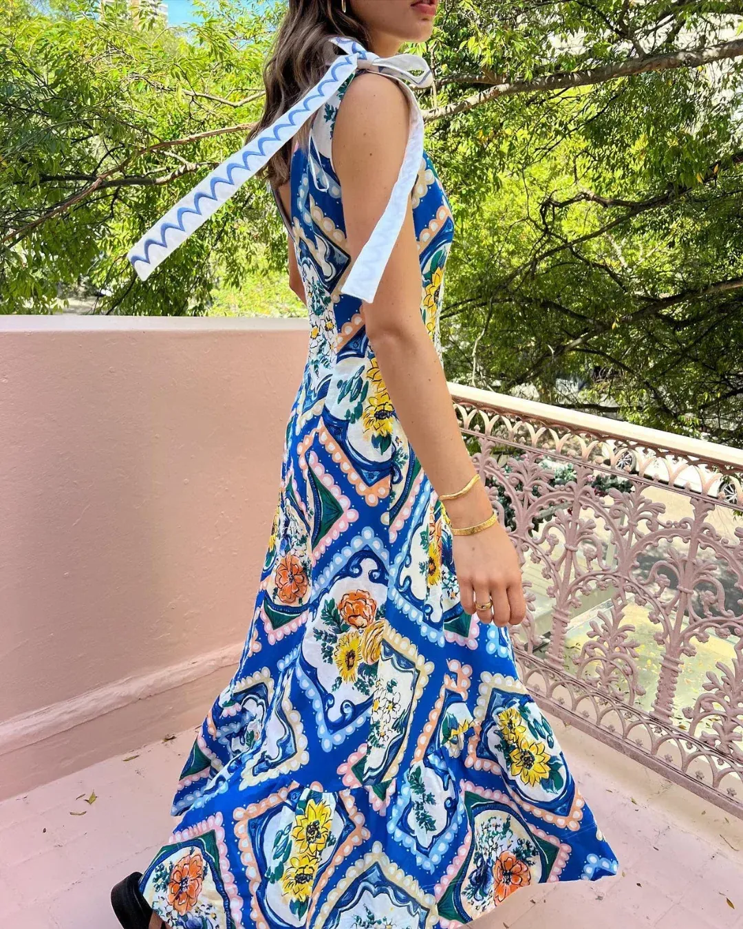 By Nicola Adoncia Tie Shoulder Maxi Dress in Azure Floral | AU 12 for rent on The Volte - main image