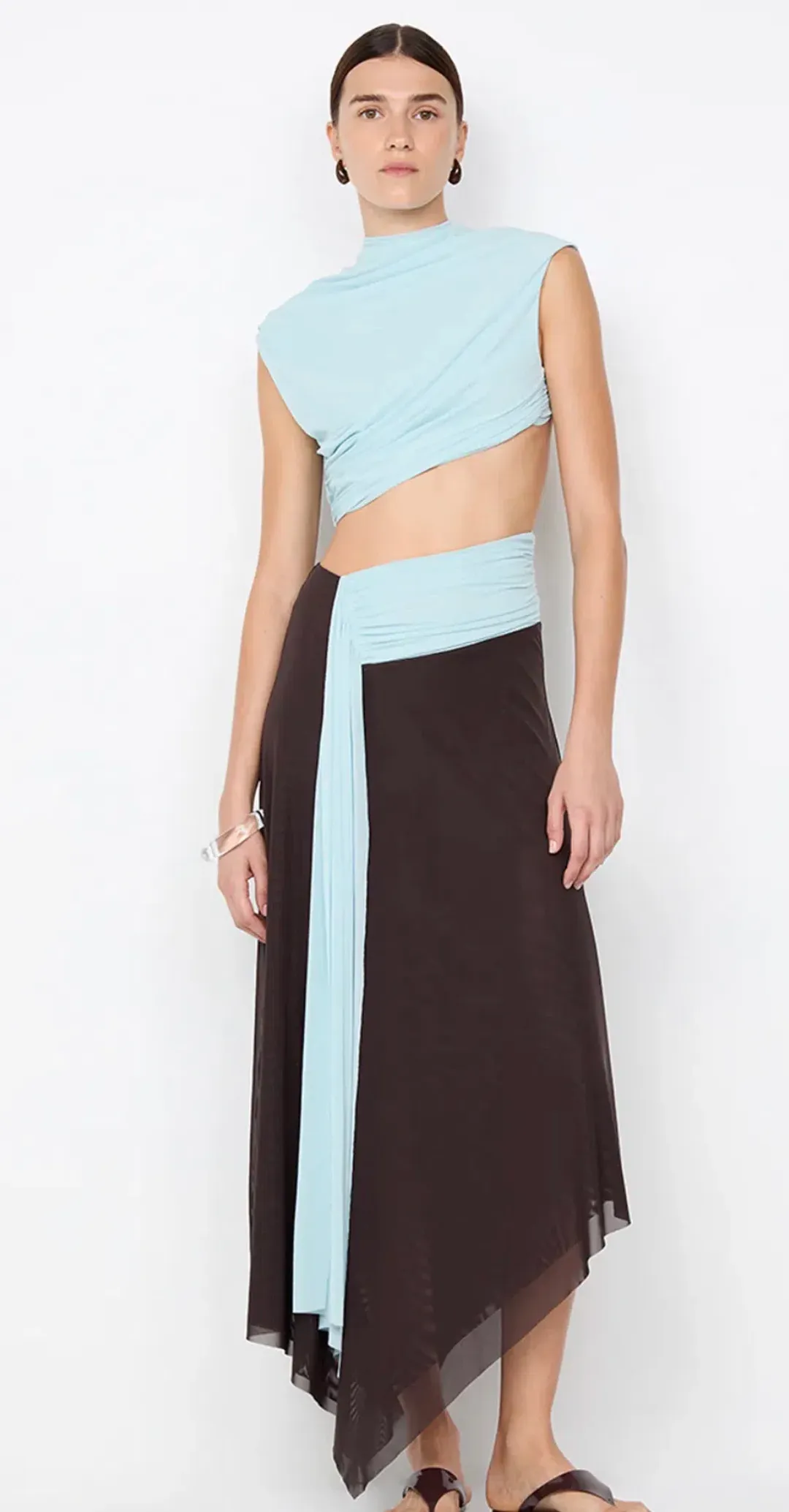 Bec & Bridge - Conni Asym Midi Dress – Arctic Blue / Dark Chocolate- Size 8 for rent on The Volte - main image