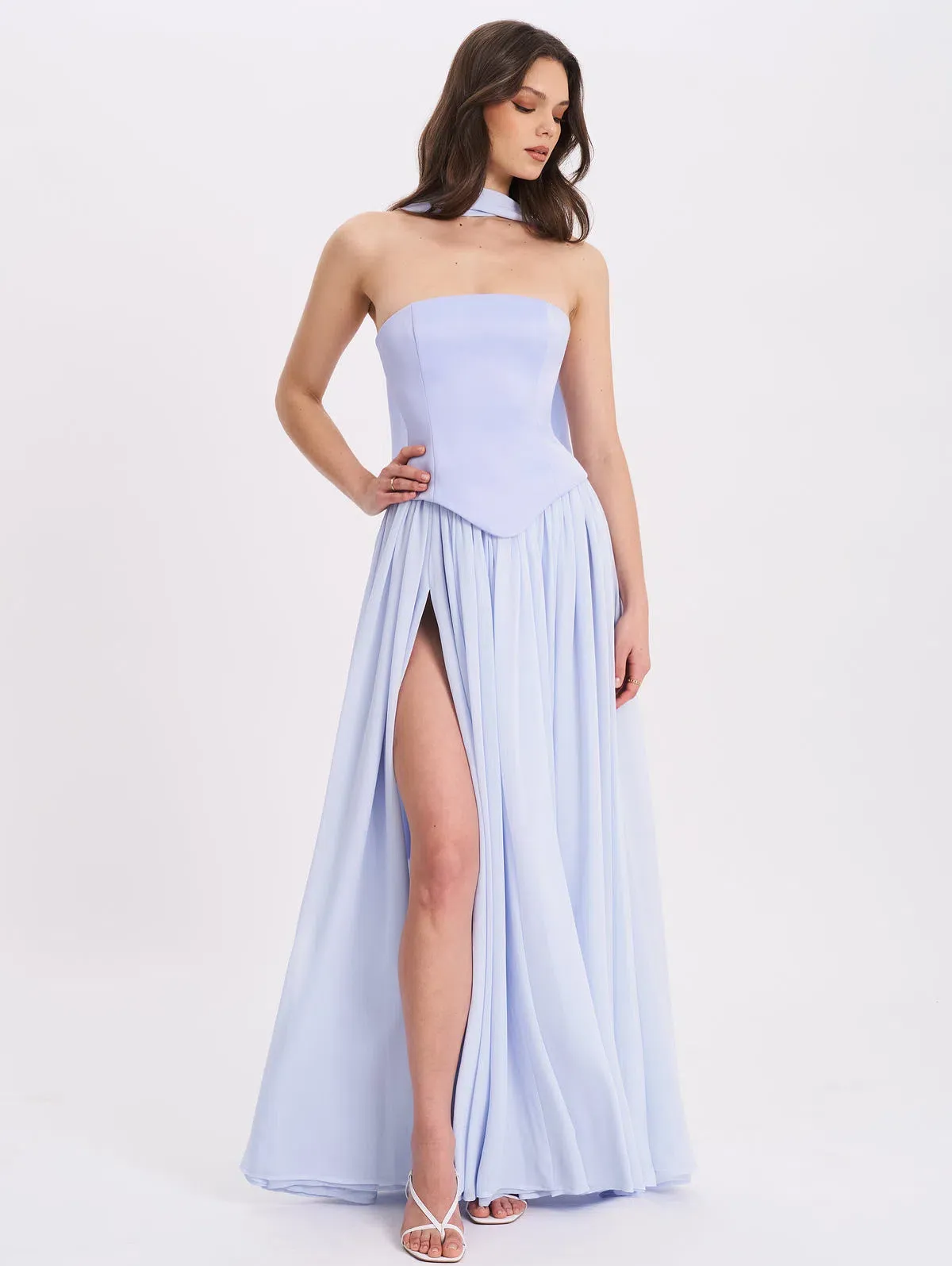 Qianna Baby Blue Peplum Drop Waist Chiffon Gown - Image 1