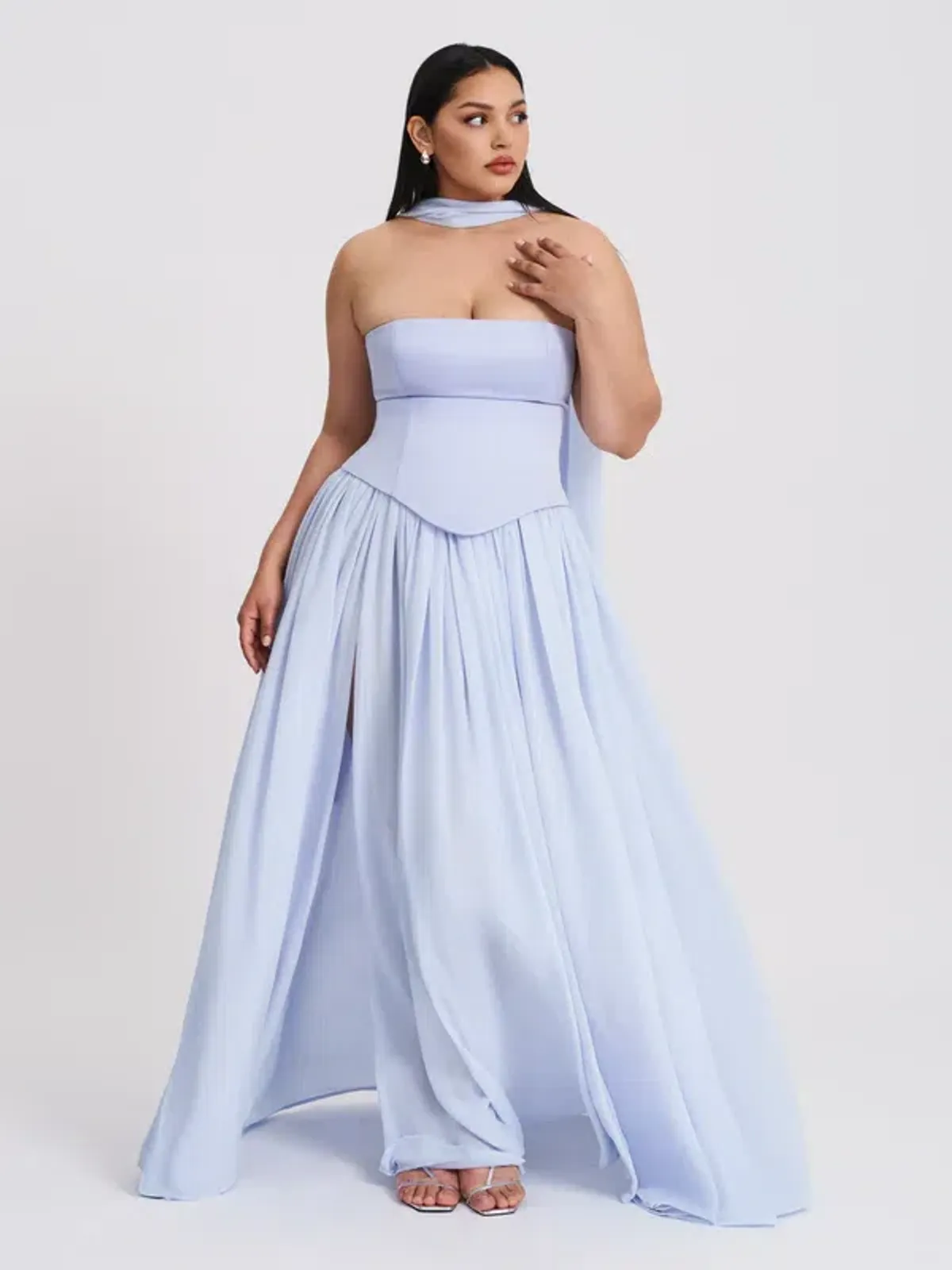 Qianna Baby Blue Peplum Drop Waist Chiffon Gown - Image 6