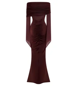 Meshki Kaitlin One Shoulder Slinky And Mesh Maxi Dress - Burgundy - Size L / AU 12 for rent on The Volte - image 3