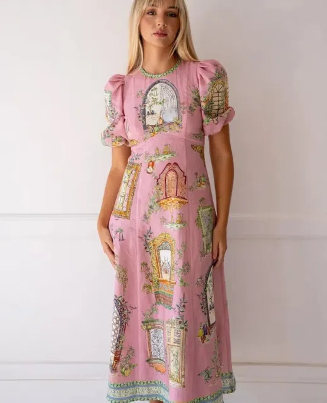 ALEMAIS Monte Midi Dress Pink Print Size 8 AU for rent on The Volte - main image