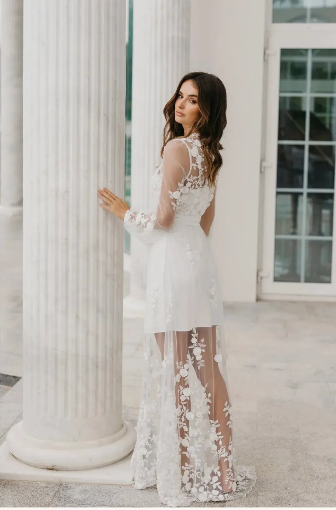 Le Rose Steffanie Beaded Floral Lace Maxi Bridal Robe -includes Slip Size S for rent on The Volte - main image