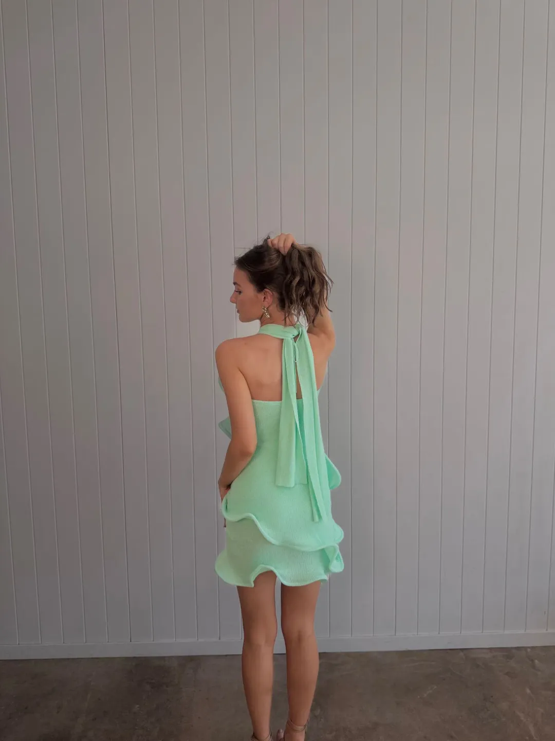 Meshki Caprice Halter Knit Mini Dress Lagoon Size Small for rent on The Volte - main image