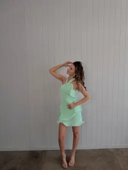 Meshki Caprice Halter Knit Mini Dress Lagoon Size Small for rent on The Volte - image 2