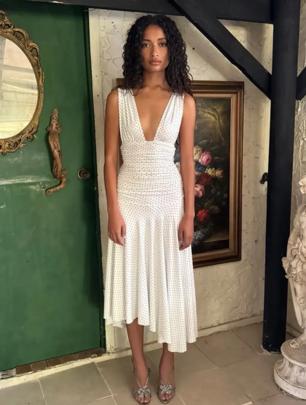 Fait Par Foutch Charlotte Midi Dress White Polka Dot Size 8 - Image 1