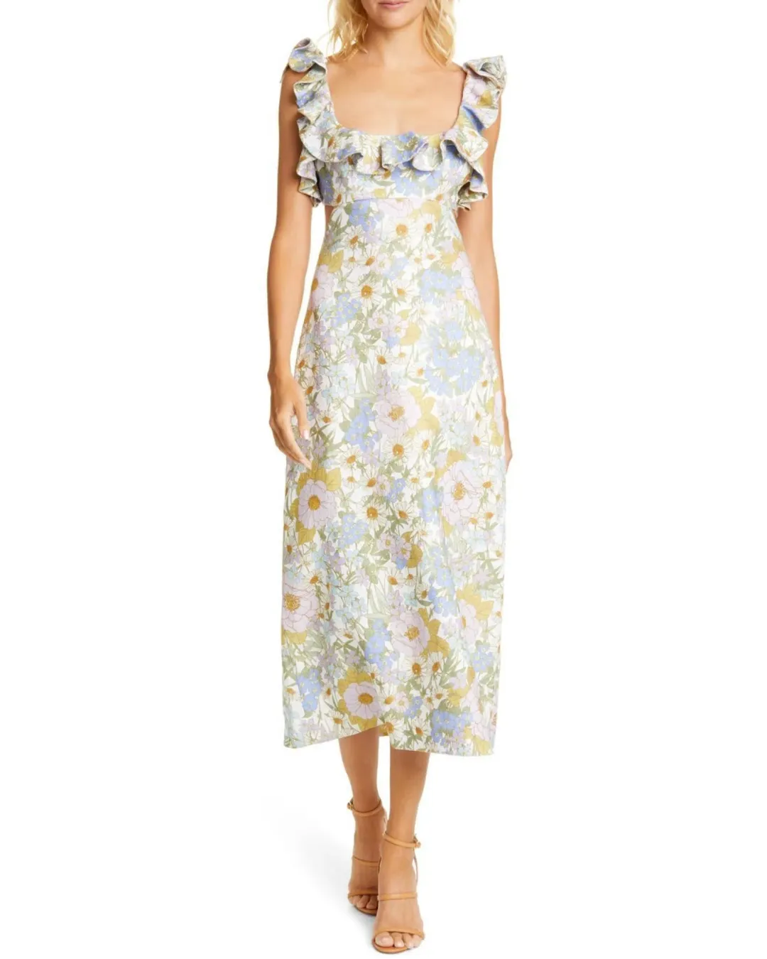 Zimmermann Super Eight Frilled Midi Dress Blue Meadow Floral Size 2 for rent on The Volte - main image