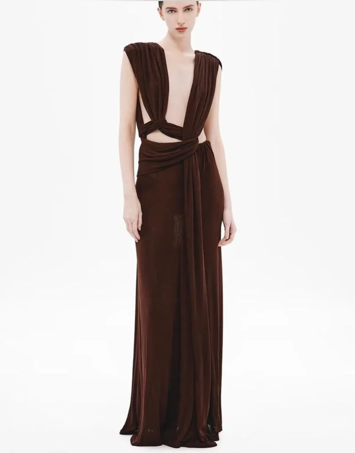 MISHA COLLECTION NAOMI DRAPED RIB DRESS BROWN SIZE L - Image 1