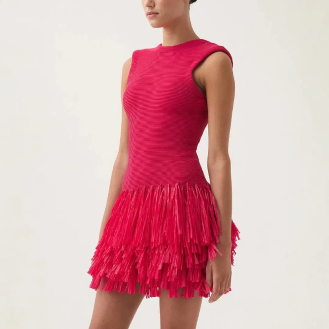 Aje Rushes Raffia Fuchsia Knit Mini Dress Size Medium / 10 AU for rent on The Volte - main image