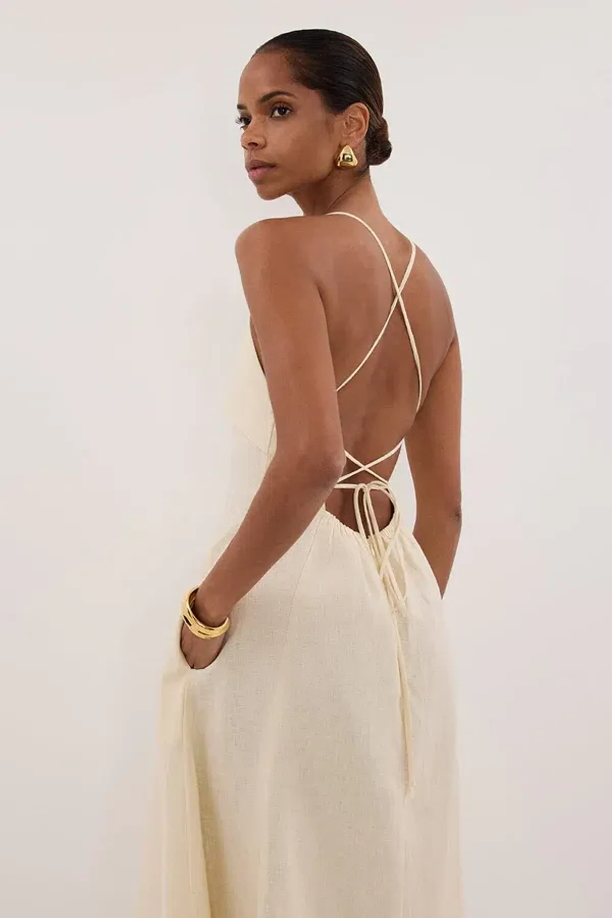 DANIELLA STRAW LINEN TIE BACK MIDI DRESS - Image 2