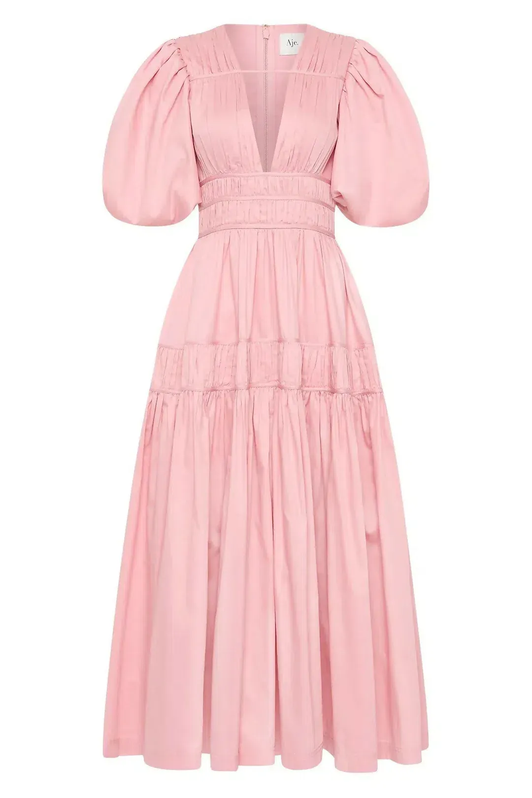Aje Fallingwater Ruched Midi Dress in Chalk Pink Size AU 12 for rent on The Volte - main image