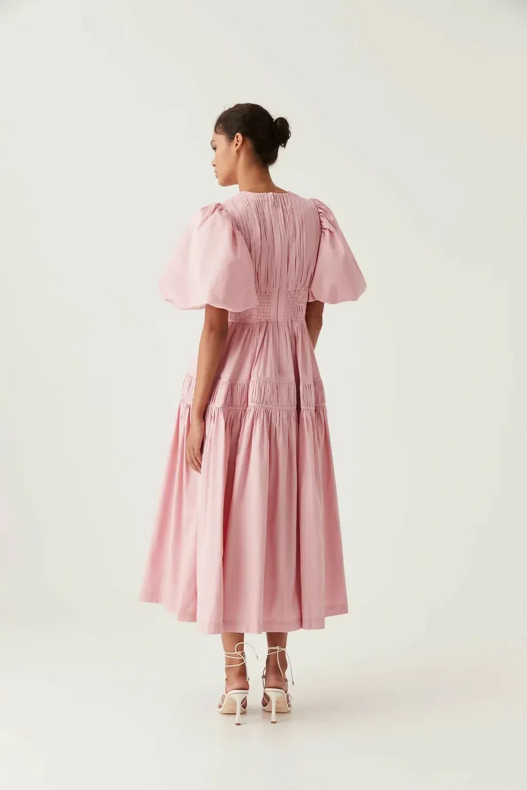 Aje Fallingwater Ruched Midi Dress in Chalk Pink Size AU 12 for rent on The Volte - main image