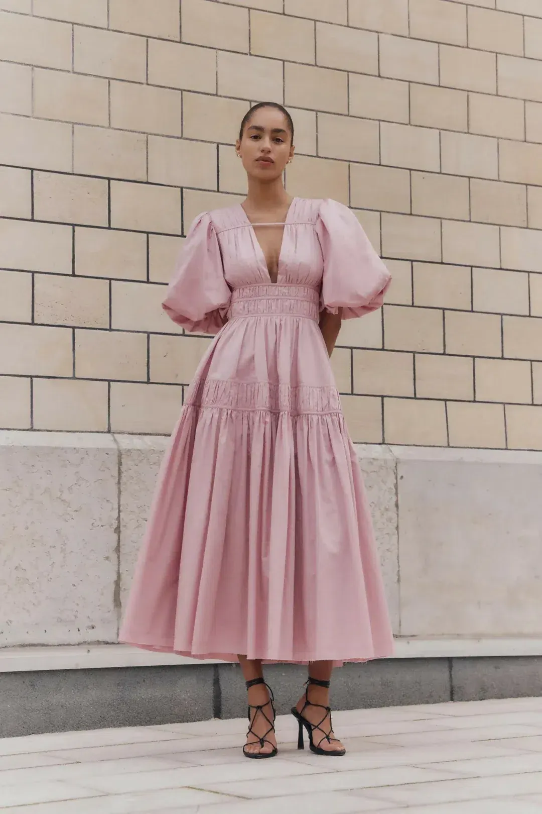 Aje Fallingwater Ruched Midi Dress in Chalk Pink Size AU 12 for rent on The Volte - main image