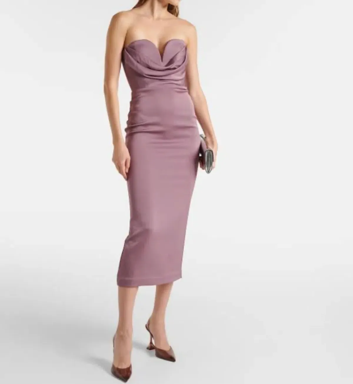 ALEX PERRY Strapless Draped Satin-Crepe Midi Dress Bridesmaid Dress in Purple AU 6 - Image 3