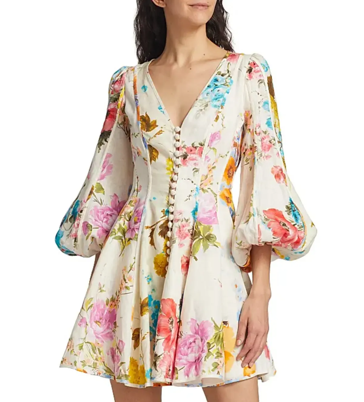 Zimmermann Halcyon Floral Panelled Puff Sleeve Mini Dress in Spliced Size 0P/AU6P for rent on The Volte - main image