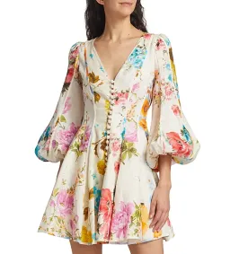 Zimmermann Halcyon Floral Panelled Puff Sleeve Mini Dress in Spliced Size 0P/AU6P for rent on The Volte - image 1