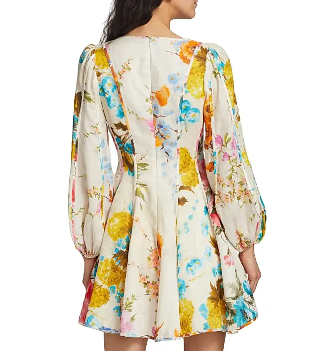 Zimmermann Halcyon Floral Panelled Puff Sleeve Mini Dress in Spliced Size 0P/AU6P for rent on The Volte - main image