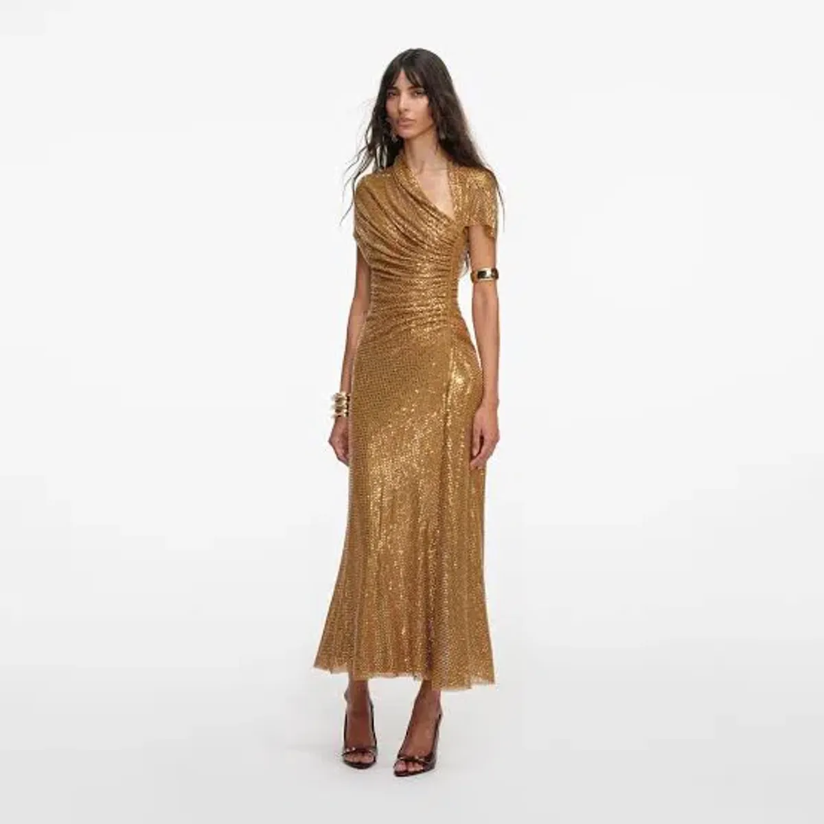 SELF PORTRAIT GOLD RHINESTONE DRAPE MIDI DRESS in Gold UK 4 - Fits AU 6 - Image 8