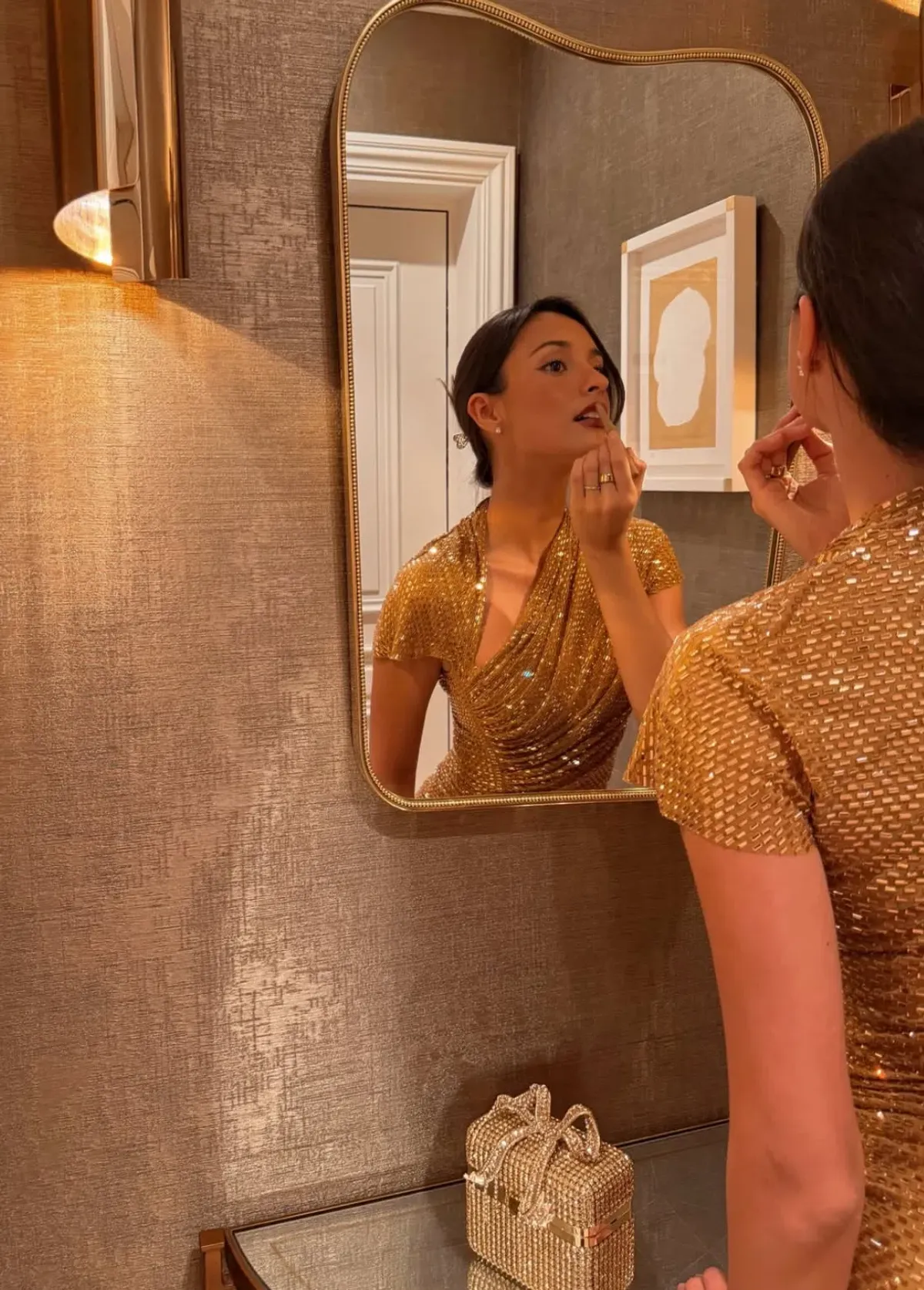 SELF PORTRAIT GOLD RHINESTONE DRAPE MIDI DRESS in Gold UK 4 - Fits AU 6 - Image 4