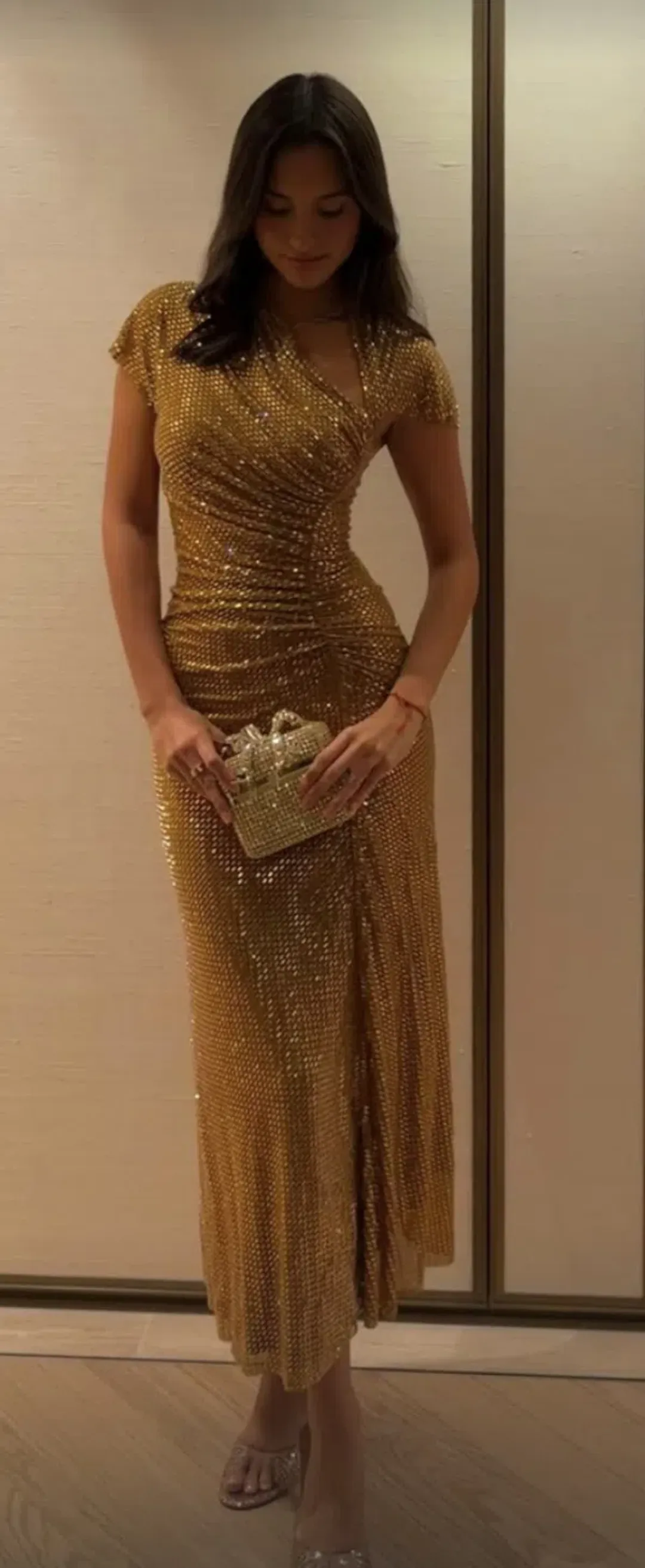 SELF PORTRAIT GOLD RHINESTONE DRAPE MIDI DRESS in Gold UK 4 - Fits AU 6 for rent on The Volte - main image