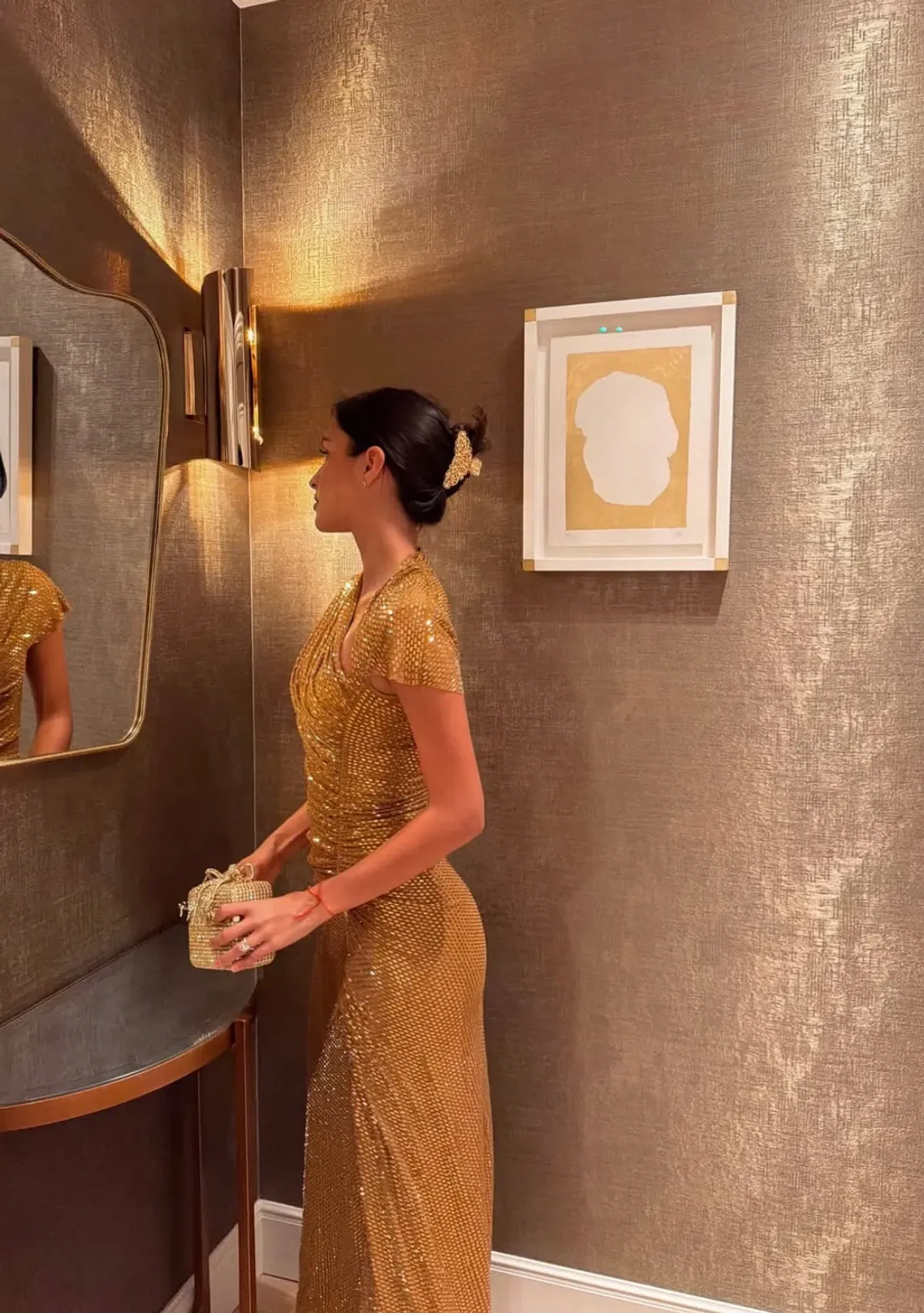 SELF PORTRAIT GOLD RHINESTONE DRAPE MIDI DRESS in Gold UK 4 - Fits AU 6 - Image 2