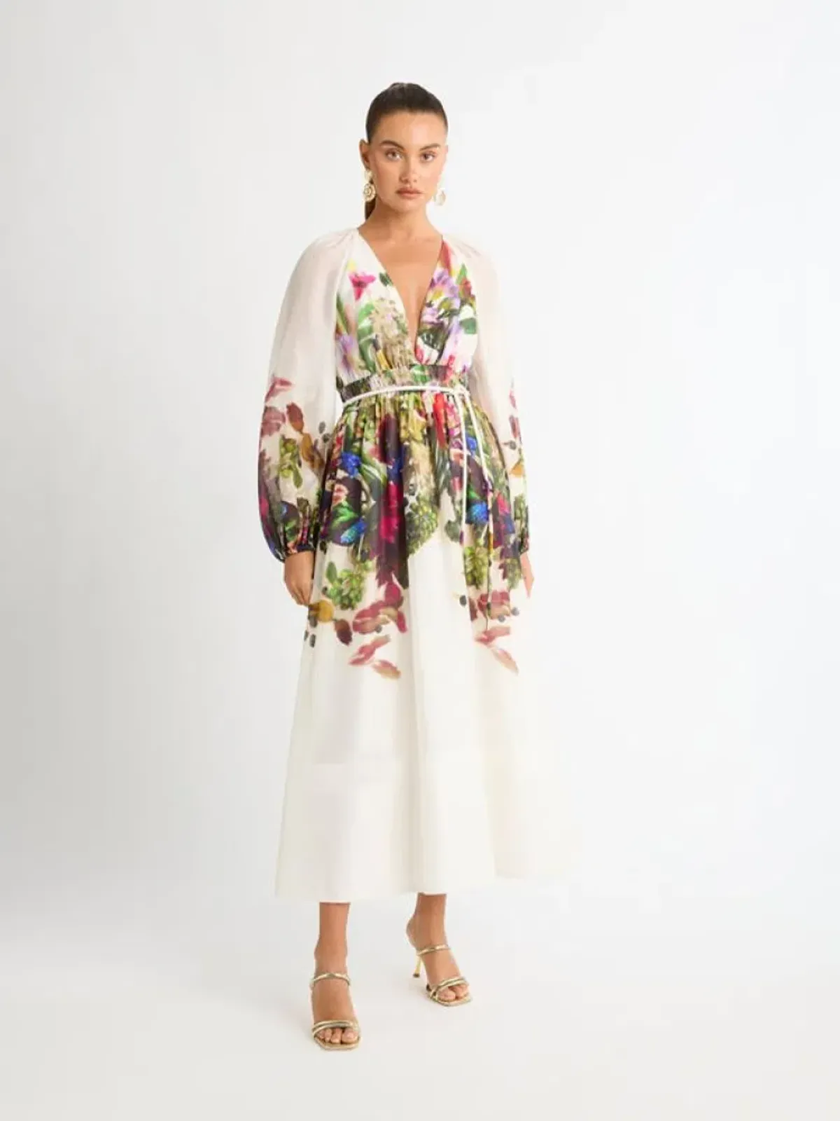 Sheike Impression Maxi Dress Size AU 16 / US 12 Tencel Linen Floral Print Long Sleeve Gown - Image 5