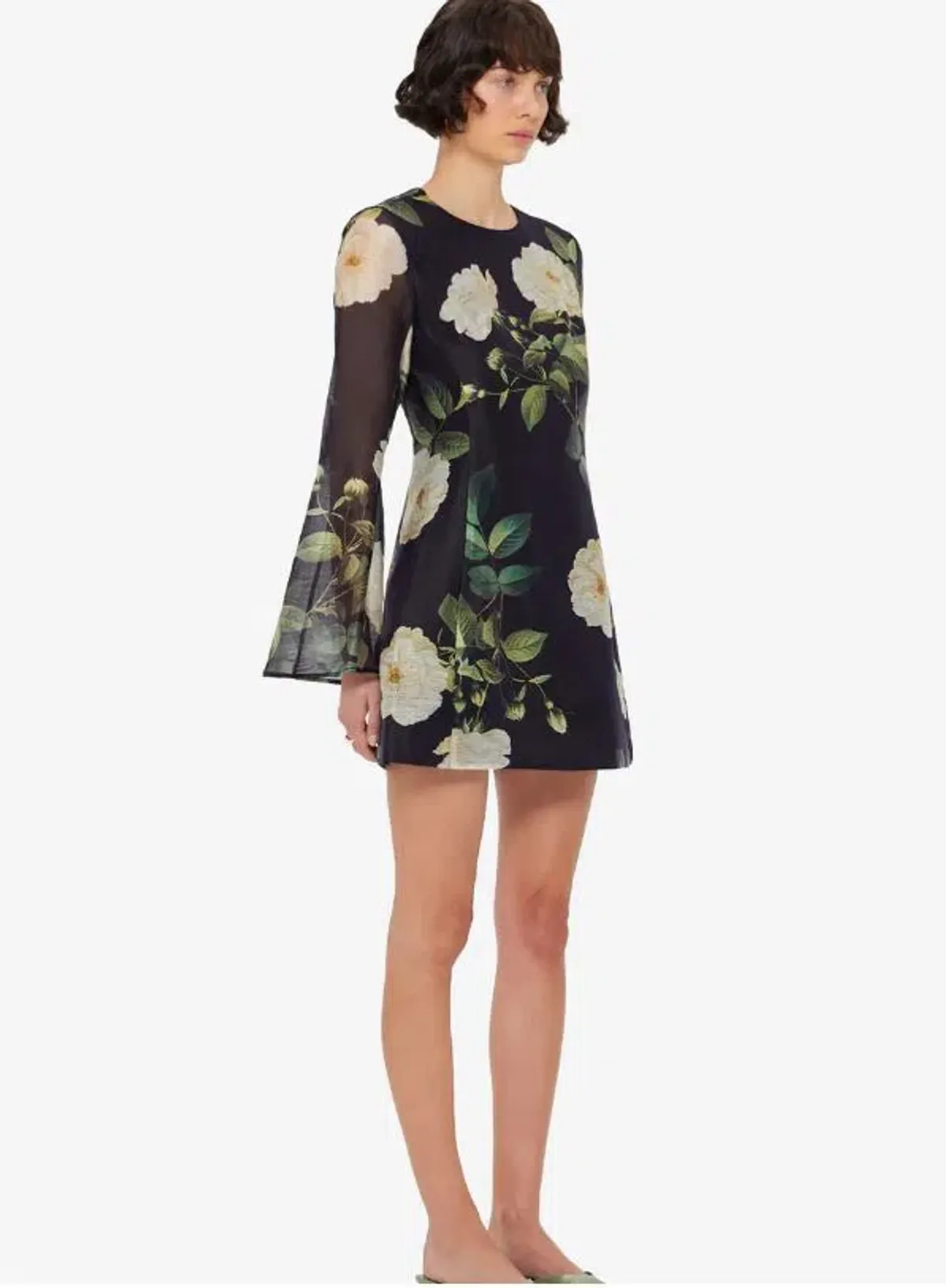 Leo Lin Bell Sleeve Mini in White Rose Print Size 8 - Image 3