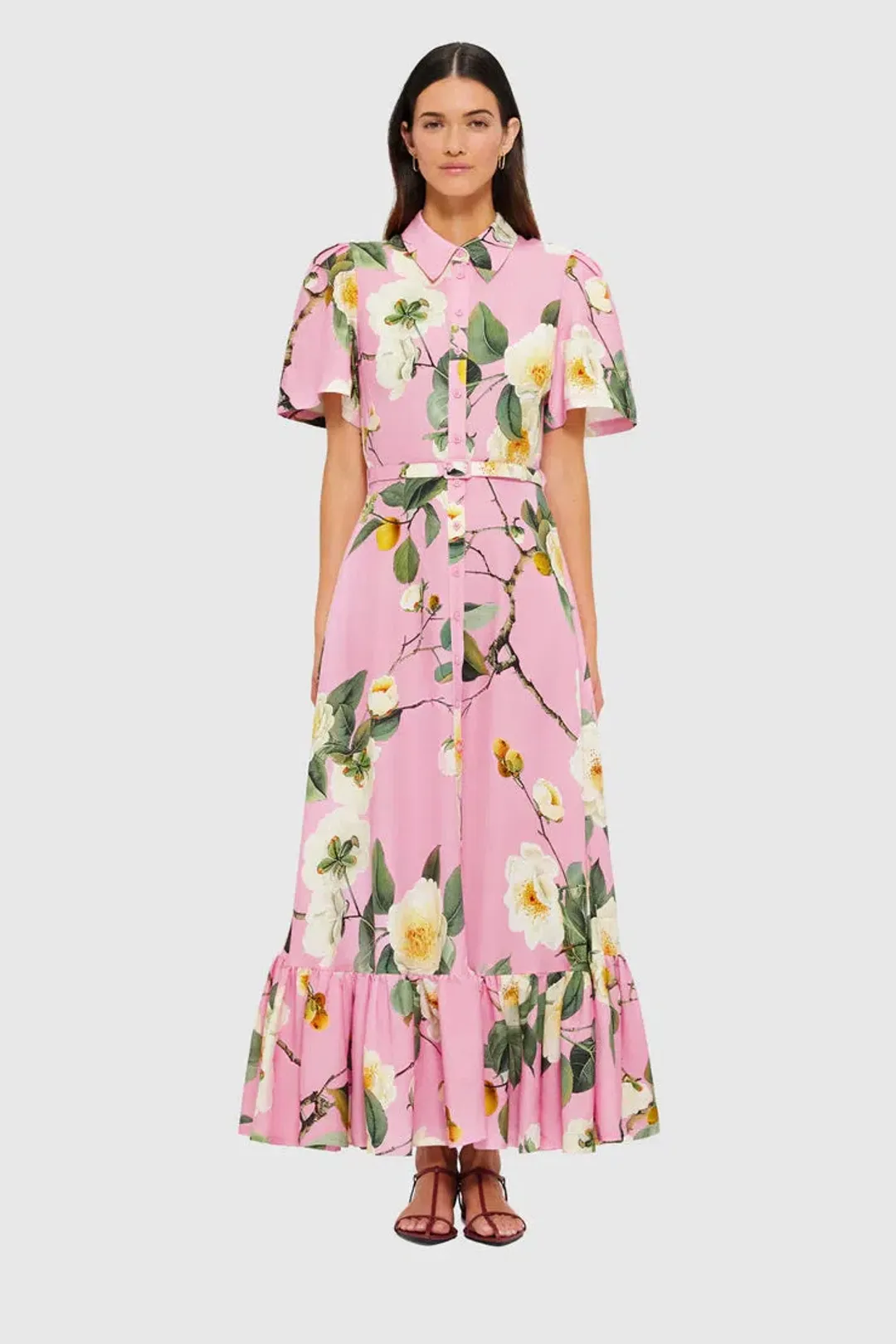Leo Lin Becca Short Sleeve Midi Dress - Camelia Print for rent on The Volte - main image